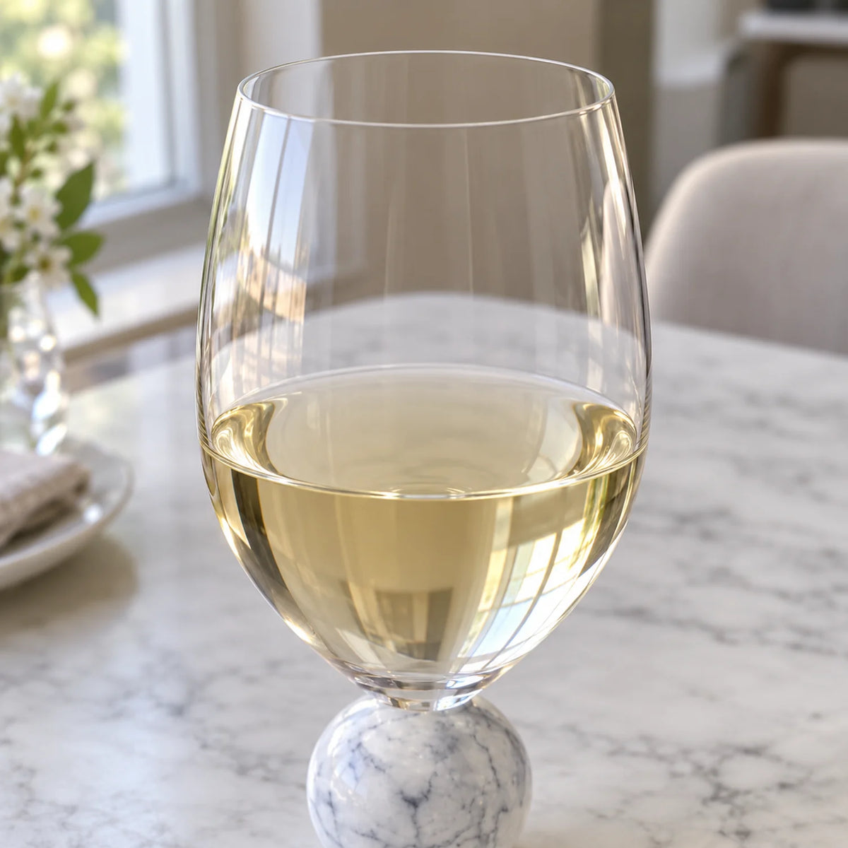Detalhe da borda e transparência do cristal Orvieto com vinho branco