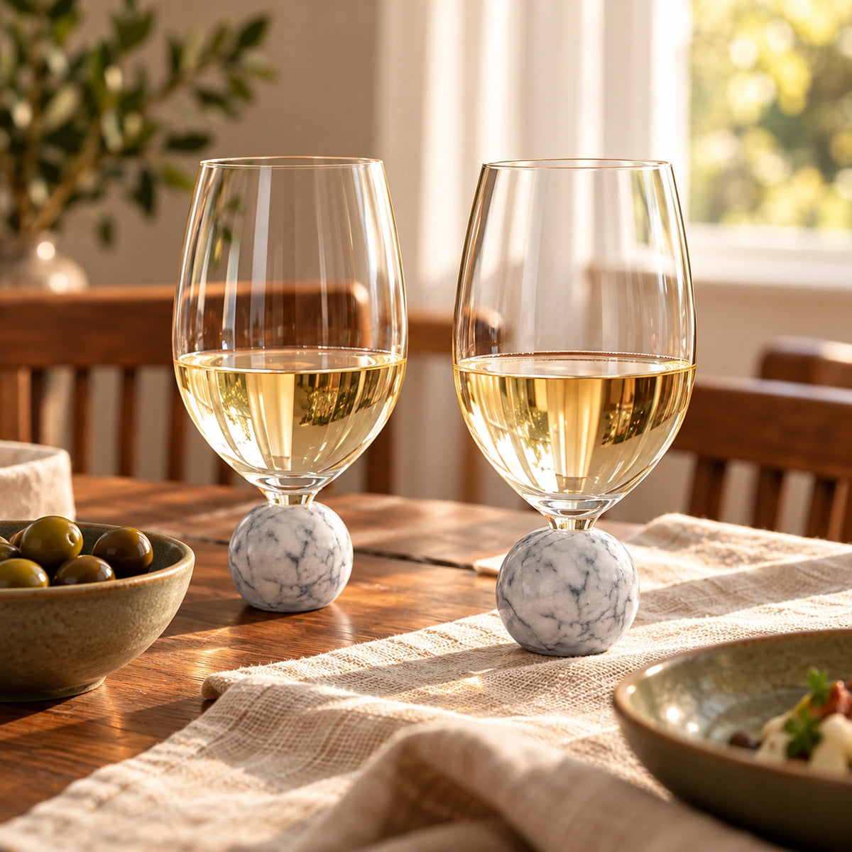 Duas taças Orvieto com vinho branco sobre mesa de madeira — ambientação gerada por IA