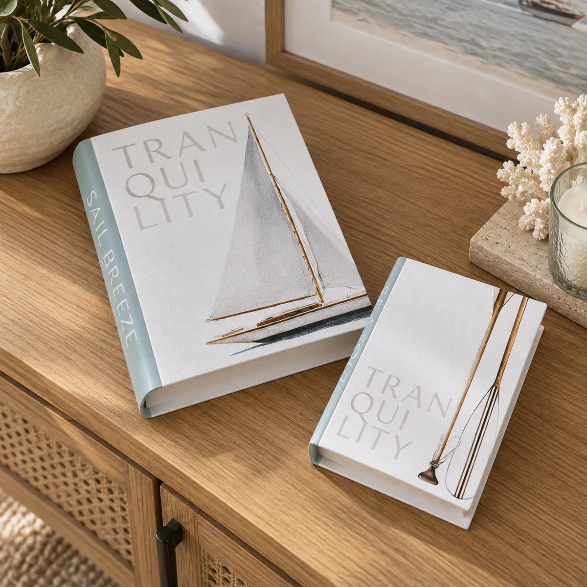 Kit 2 Livros Caixa Decorativos em Canvas Náutico Quietude — ambiente