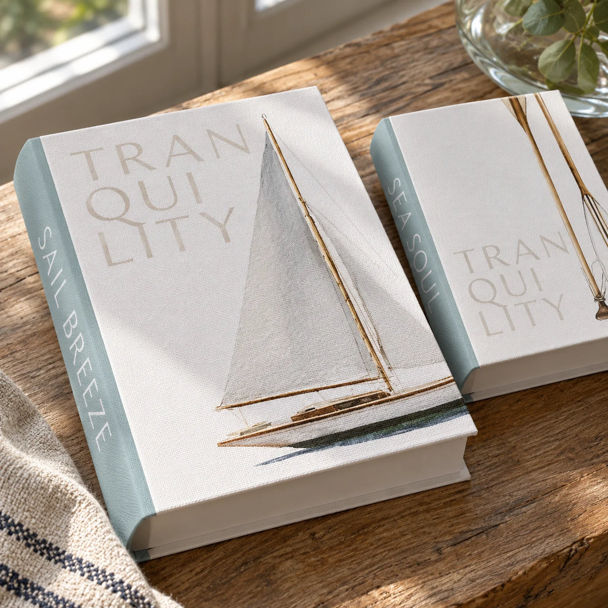 Kit 2 Livros Caixa Decorativos em Canvas Náutico Quietude — detalhe do material