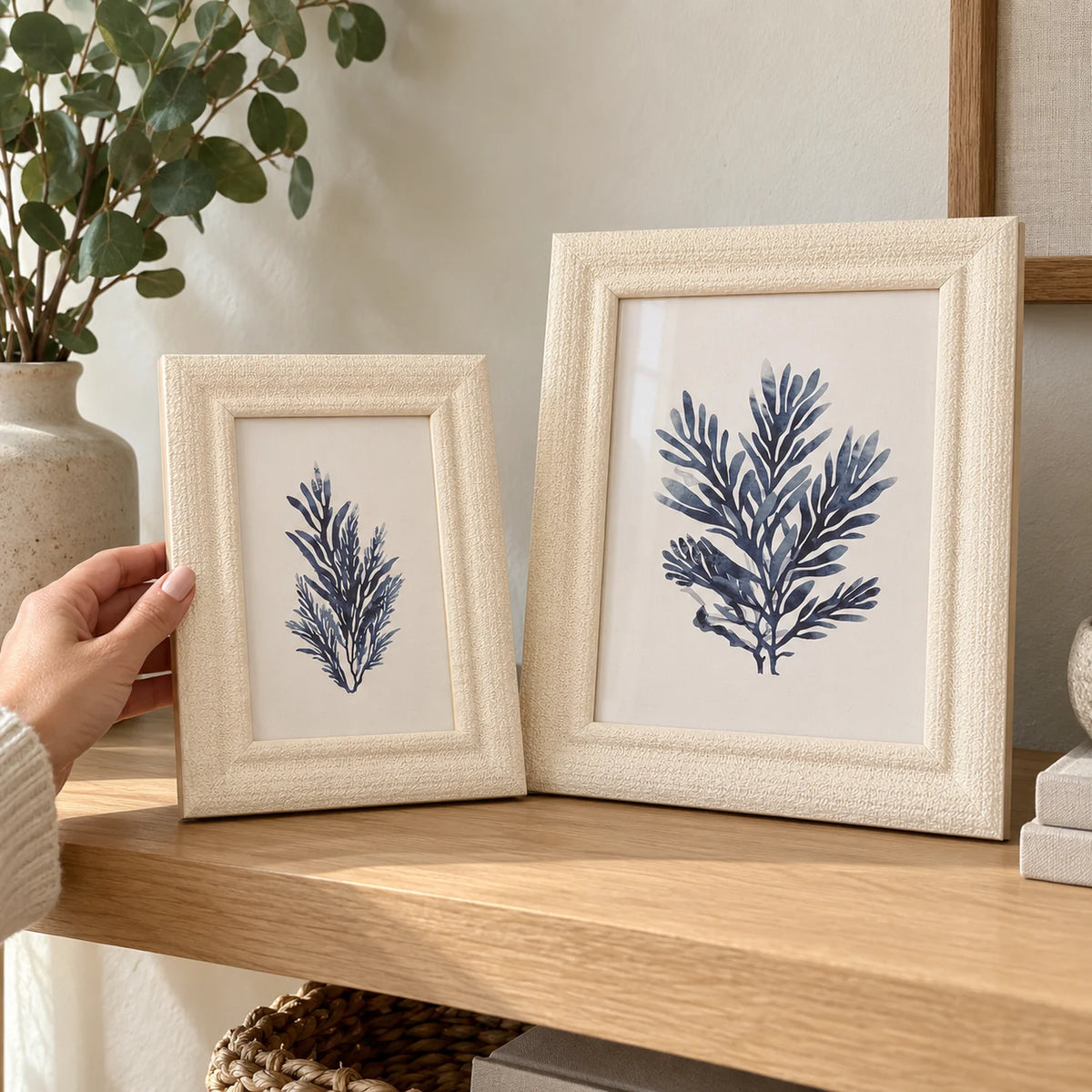 Kit 2 Porta-Retratos Off-White com Textura Celeste — em uso