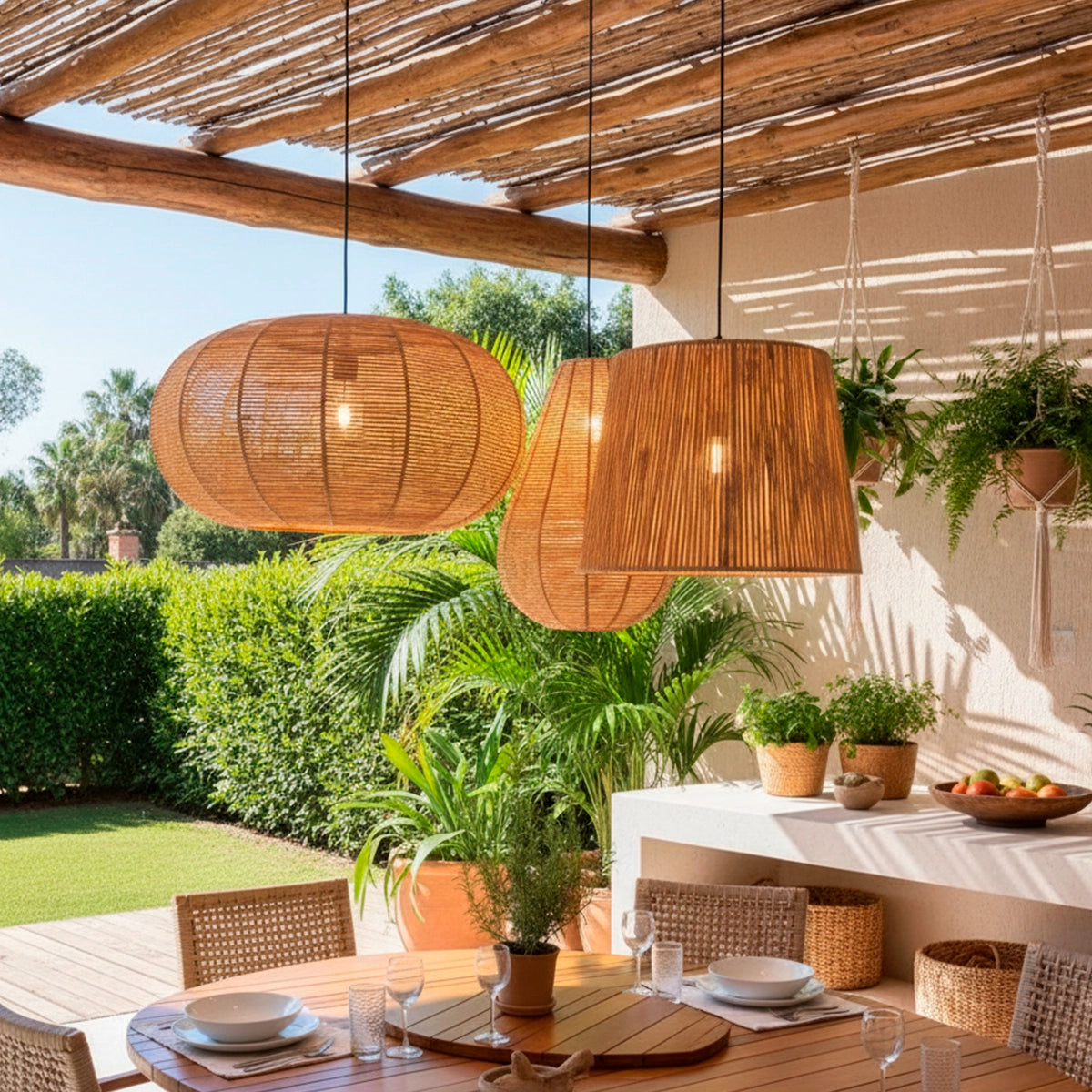 Kit 3 Luminárias Pendente de Palha Ayla para composição de iluminação decorativa, peças para iluminação coordenada