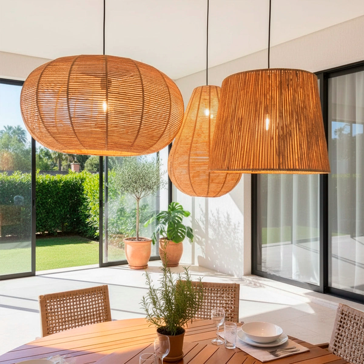 Kit 3 Luminárias Pendente de Palha Ayla para composição de iluminação decorativa, em palha natural