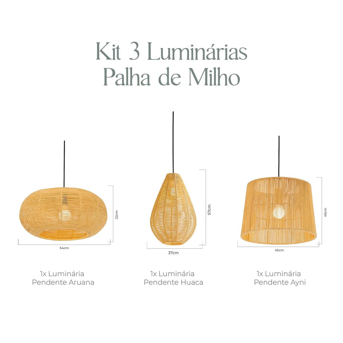 Kit 3 Luminárias Pendente de Palha Ayla para composição de iluminação decorativa, em composição decorativa