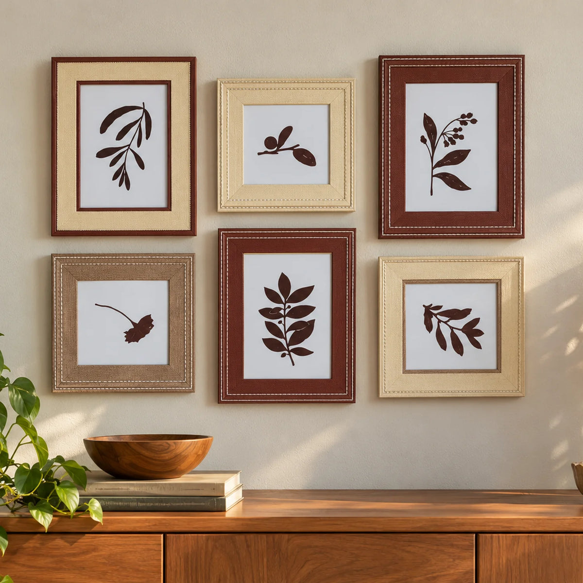 Kit Herbário com seis porta-retratos em composição horizontal na parede