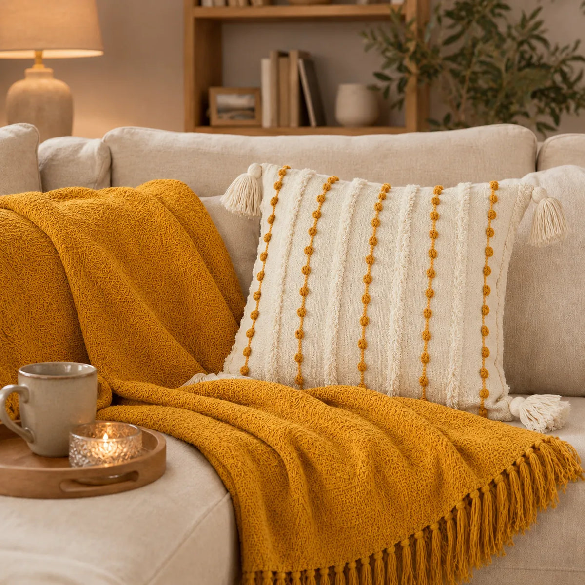 Kit Manta para Sofá e Capa de Almofada Mostarda Mirasol para decoração de sala com peças coordenadas