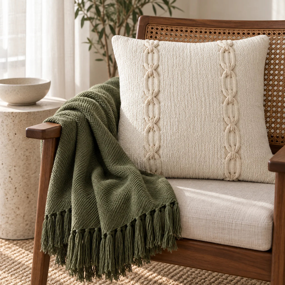 Kit Manta para Sofá e Capa de Almofada Verde Elos para decoração de sala com peças coordenadas