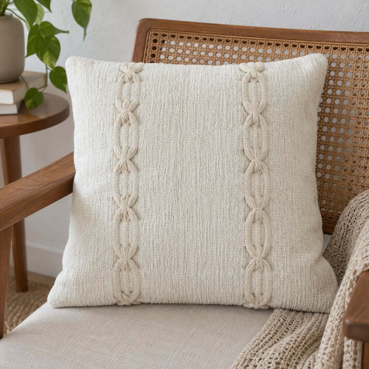Kit Manta para Sofá e Capa de Almofada Verde Elos para decoração de sala com peças coordenadas, detalhe de acabamento