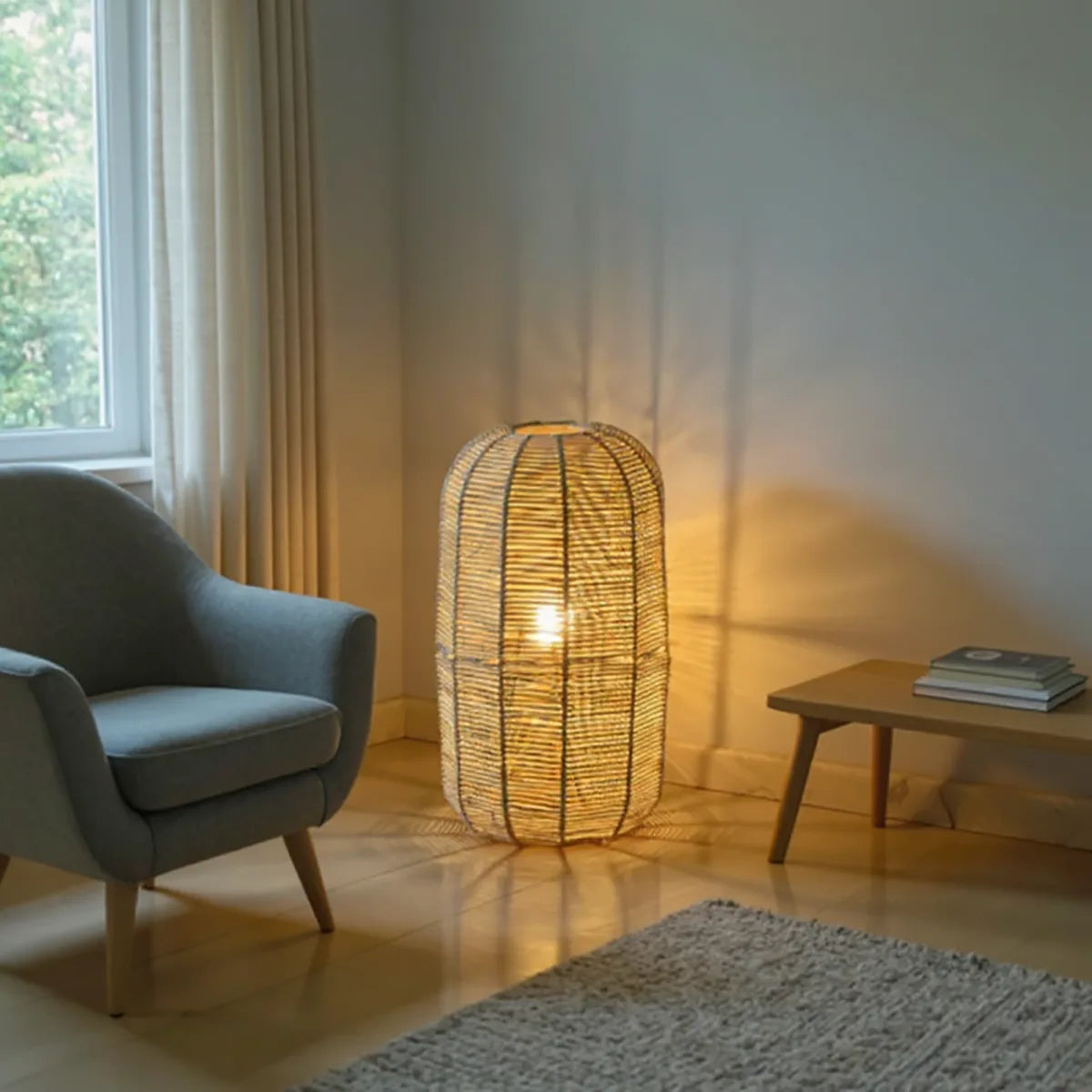 Luminária de Chão de Palha Huayna para iluminação decorativa de piso, com estrutura em palha natural