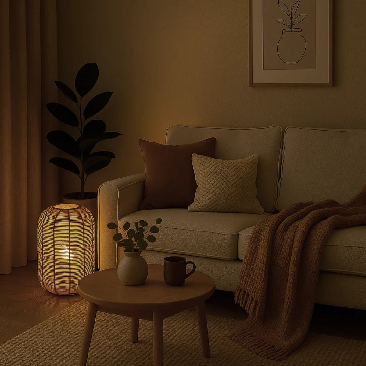 Luminária de Chão de Palha Huayna para iluminação decorativa de piso, com estrutura em palha natural