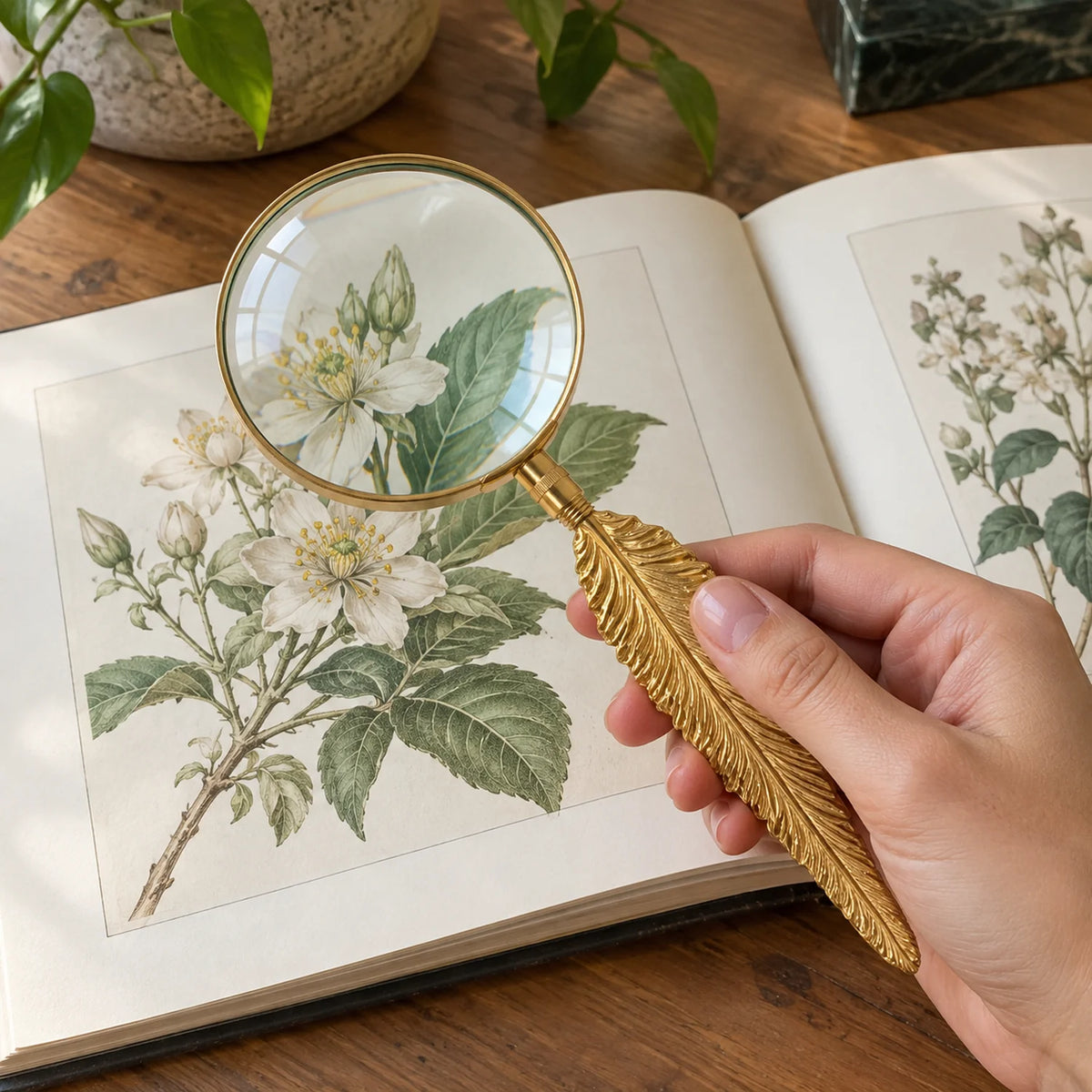 Lupa Decorativa com Cabo de Pena Dourada Pluma — uso natural