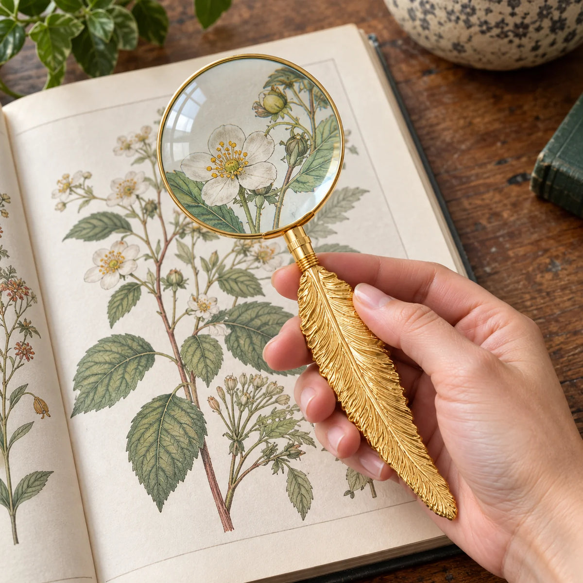 Lupa Decorativa com Cabo de Pena Dourada Pluma — usabilidade