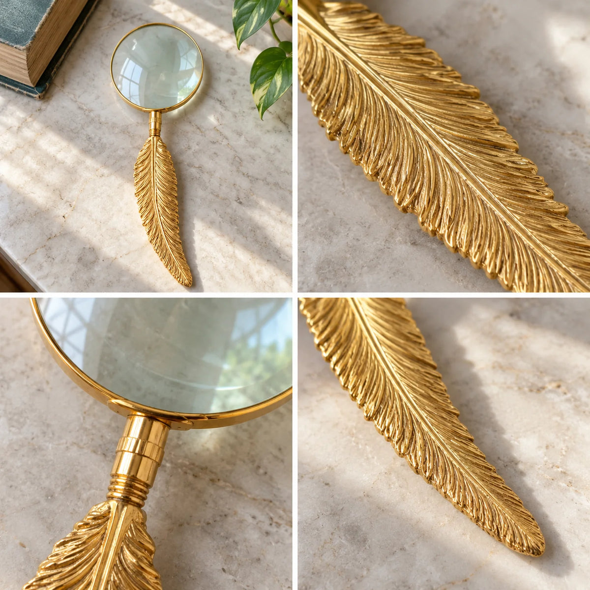 Lupa Decorativa com Cabo de Pena Dourada Pluma — quatro detalhes