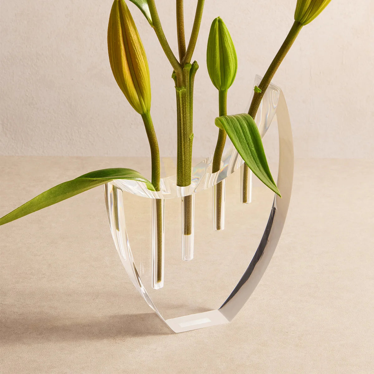 Vaso Selene em acrílico cristal, com flores sobre fundo neutro.