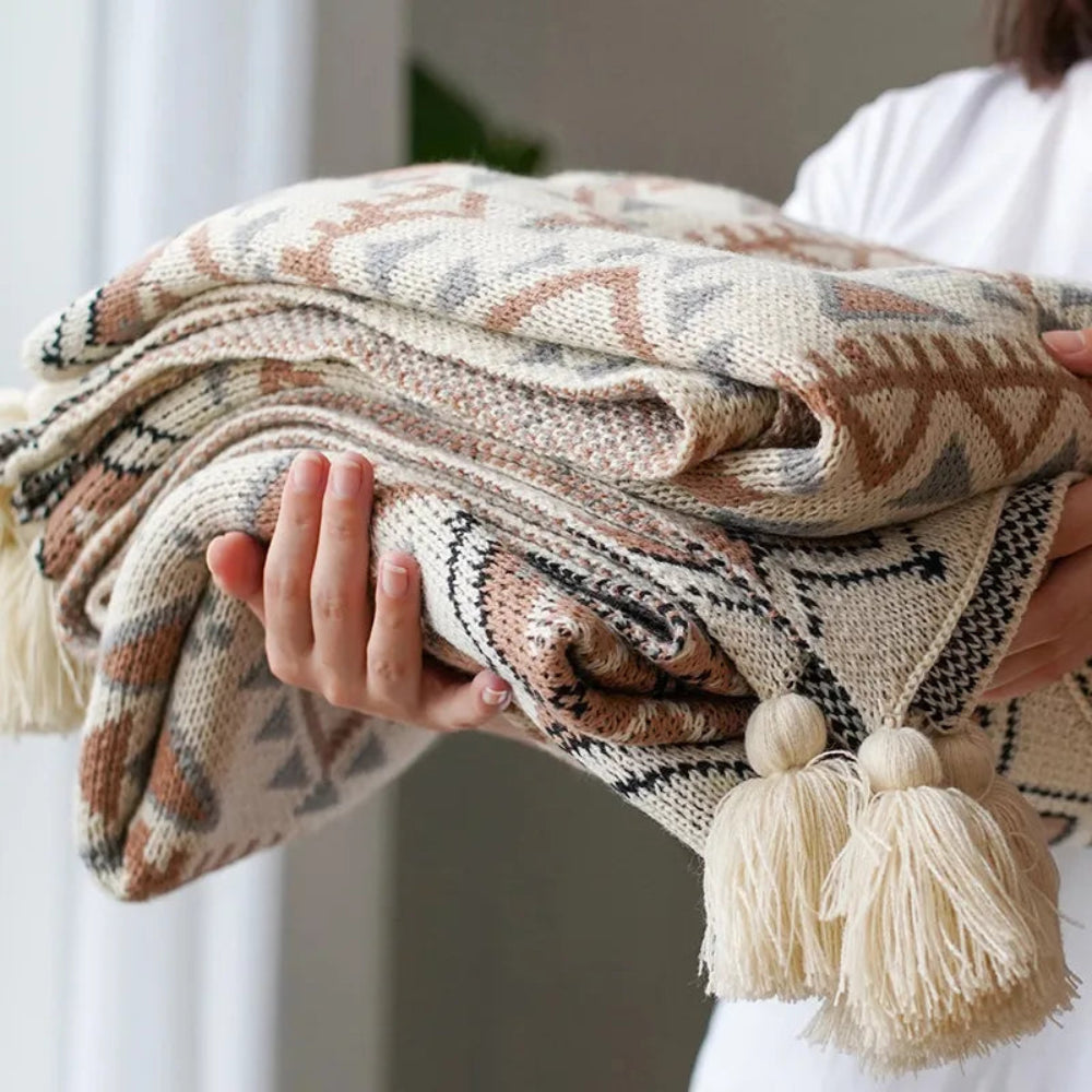 Manta para Sofá Xadrez Boho com Franjas Vintage